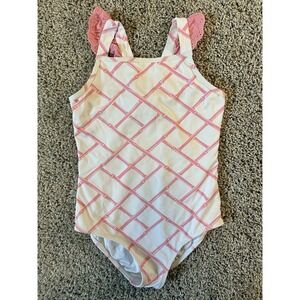 The Beaufort Bonnet Kids Pink and‎ White Bamboo Bow Swimsuit Size 7